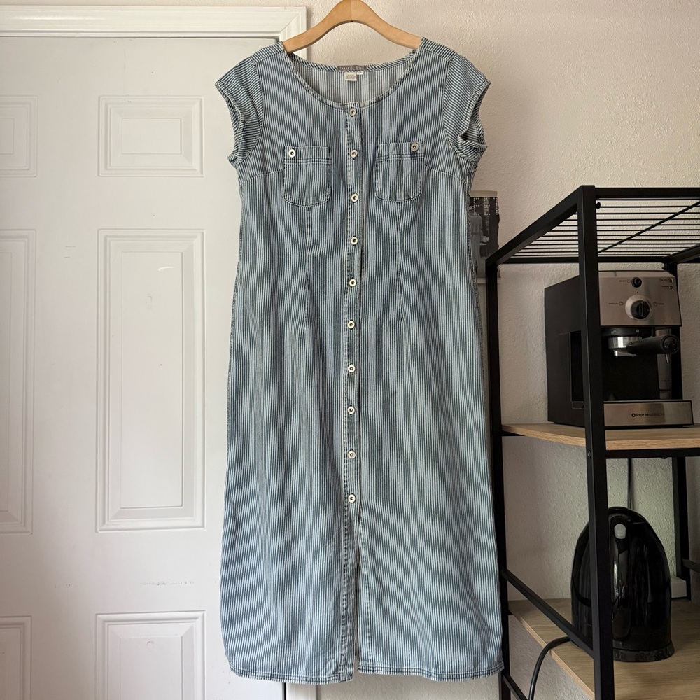 ISABELLA BIRD blue white striped denim cotton canvas button up midi dress
